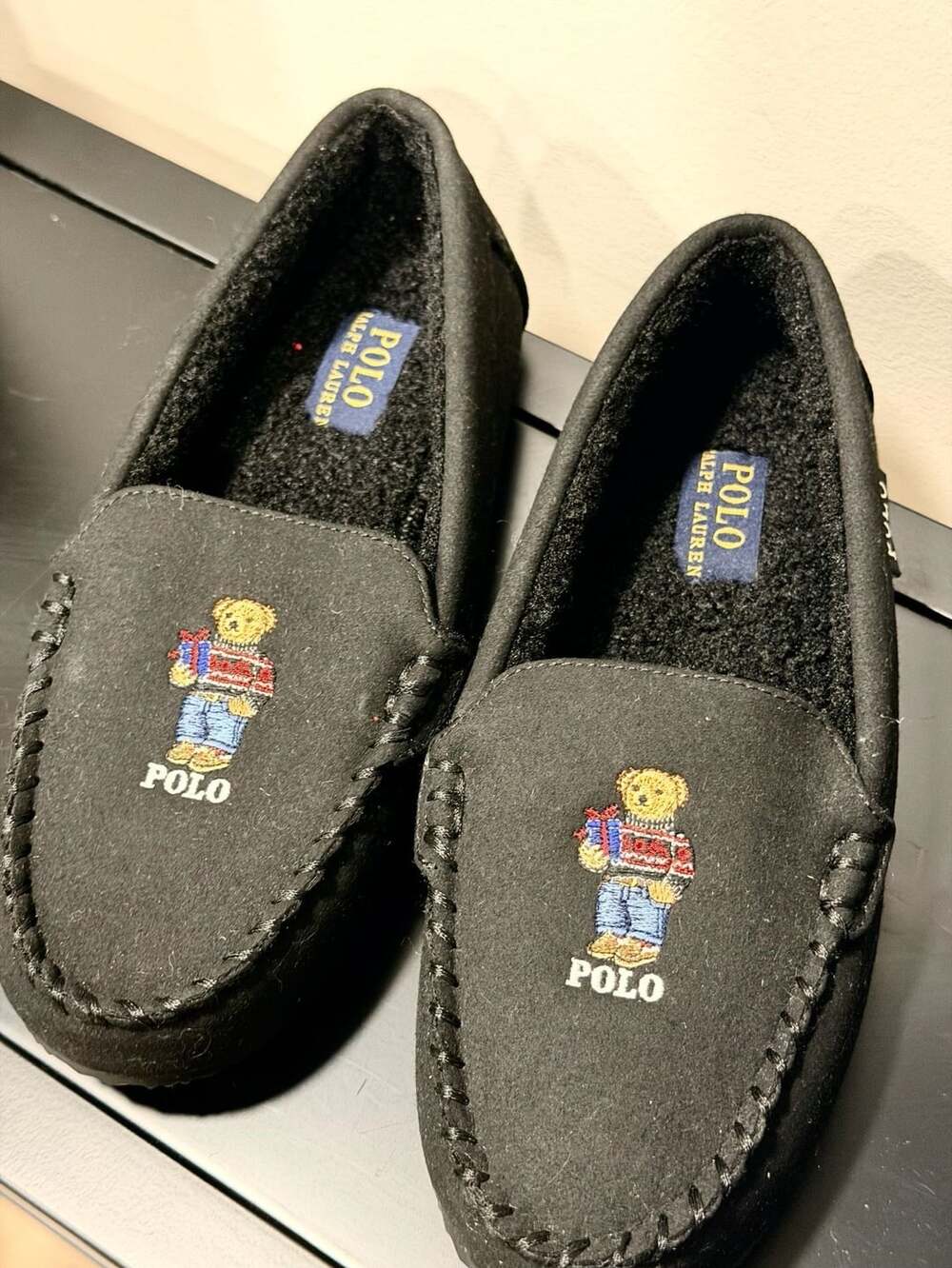 Polo Ralph Lauren Declan Bear Moccasin Slippers Size 5 Black
